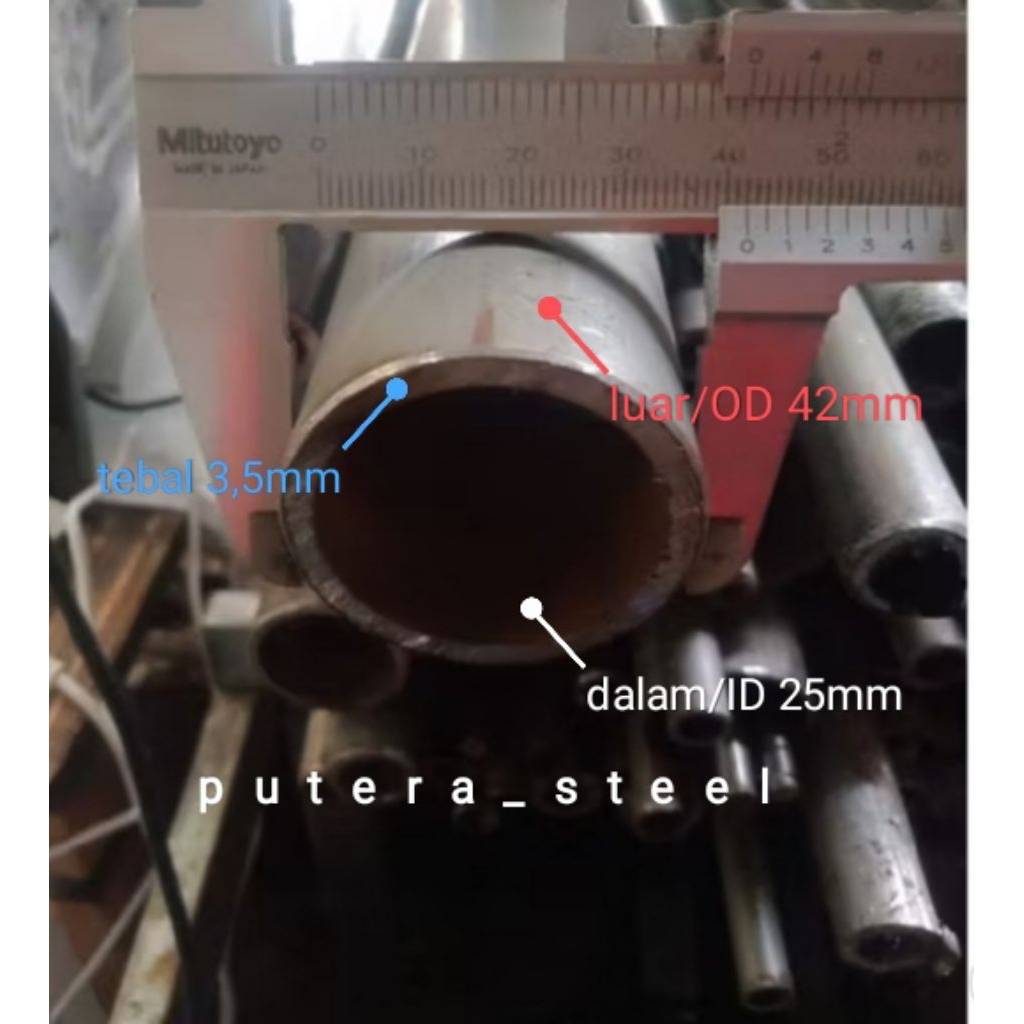 pipa besi seamles luar/OD 42mm dalam/ID 25mm tebal 7,5mm ukuran 10-100cm