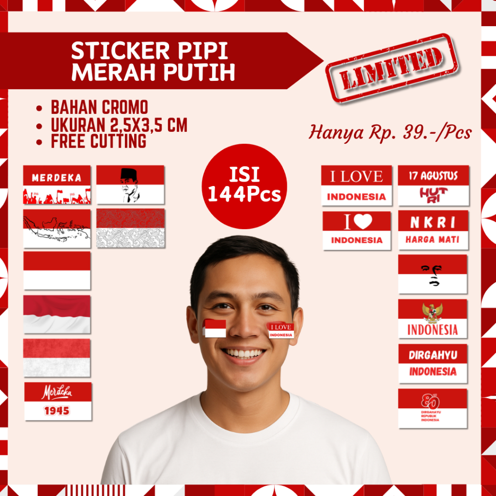 

Sticker Pipi [ISI 144PCS] Tema kemerdekaan Indonesia 17 Agustus Bahan Cromo Ukuran 2,5x3,5cm