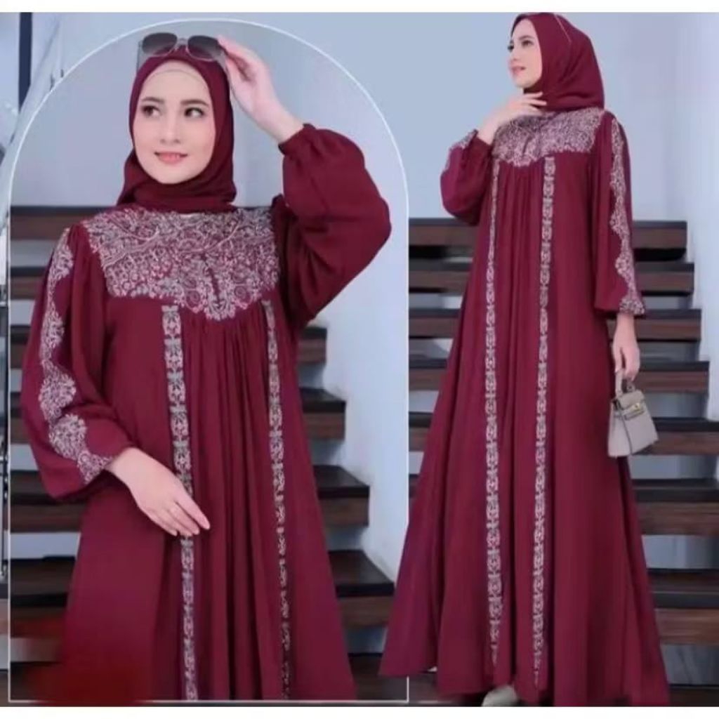Gamis dress kekinian mewah ceruti babydoll aplikasi bordir cantik wanita muslim remaja gamis kondang