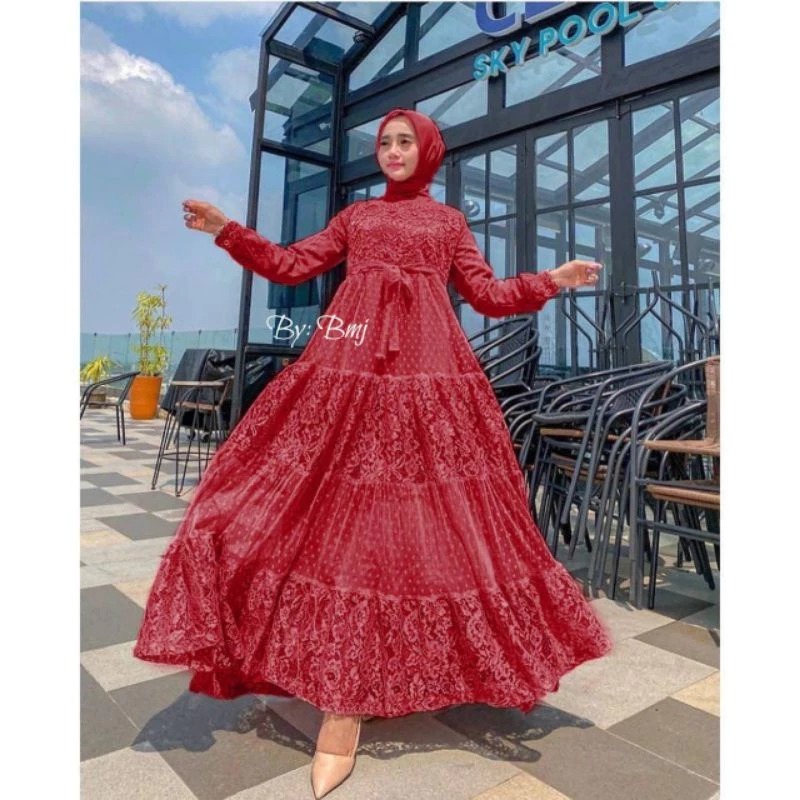 GAMIS BROKAT NADHIRA LAYER TINGKAT BROKAT CORNELI MEWAH A LINE DRESS MAYUNG BRIDESMAID GAUN PESTA GA