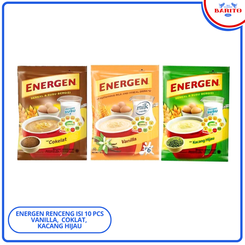 

Energen Renceng Cokelat, Vanila, Kacang Hijau 35gr 1 Renceng Isi 10 PCS