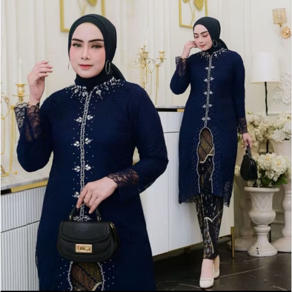Kebaya Kurung Sabrina 2025 Bahan Brokat Elegan Payet Cantik Rok Batik Plisket Anggun Pas Untuk Pesta