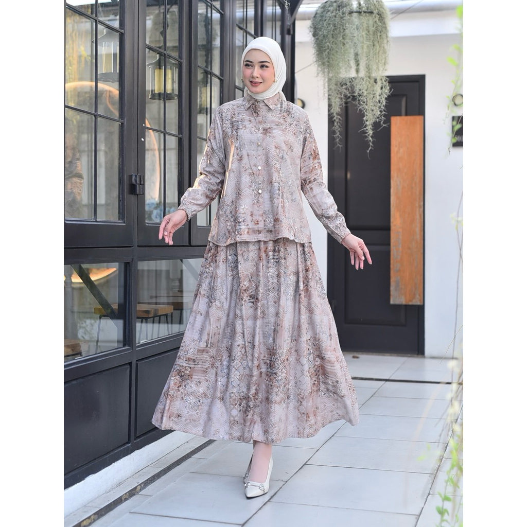 Penawaran Terbatas Kemeja + Rok Set Bunga-Bunga Twill Rayon Viscos