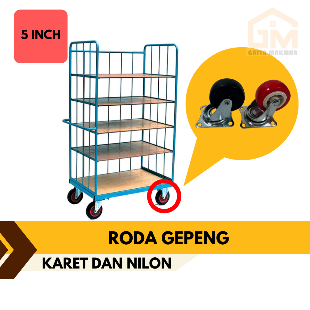 Roda Caster roda Troli 5 inch karet/nilon, hidup/mati/rem