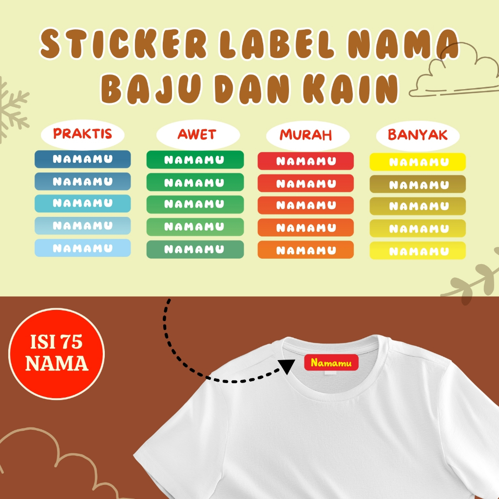 

75 Pcs Label Baju Nama Anak Custom Setrika Label Baju Label Custom Nama Baju Stiker Kain Baju