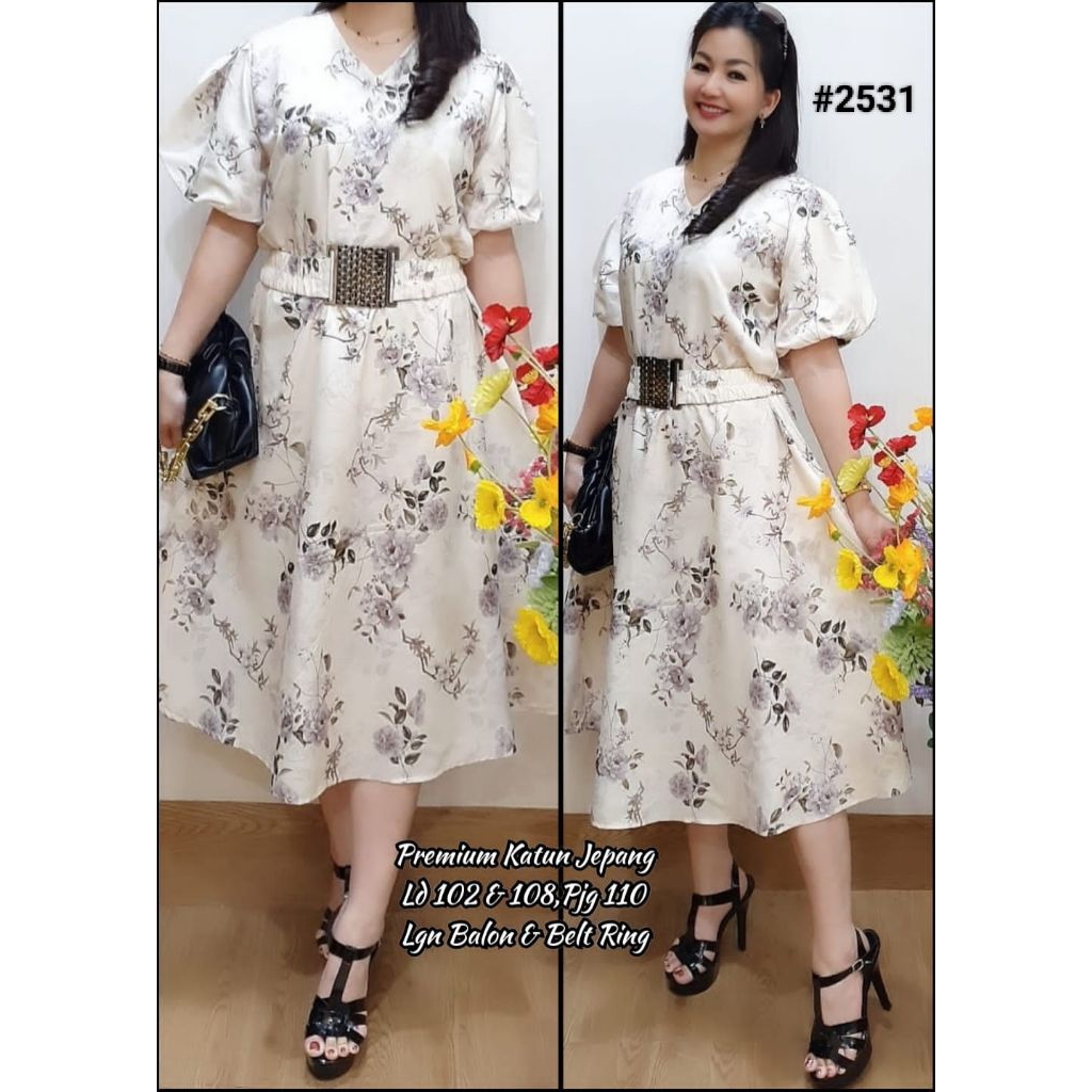 Dres motif bunga 2531 abu Casual Wanita Pendek Baju Midi Katun Gaun Atasan Pesta