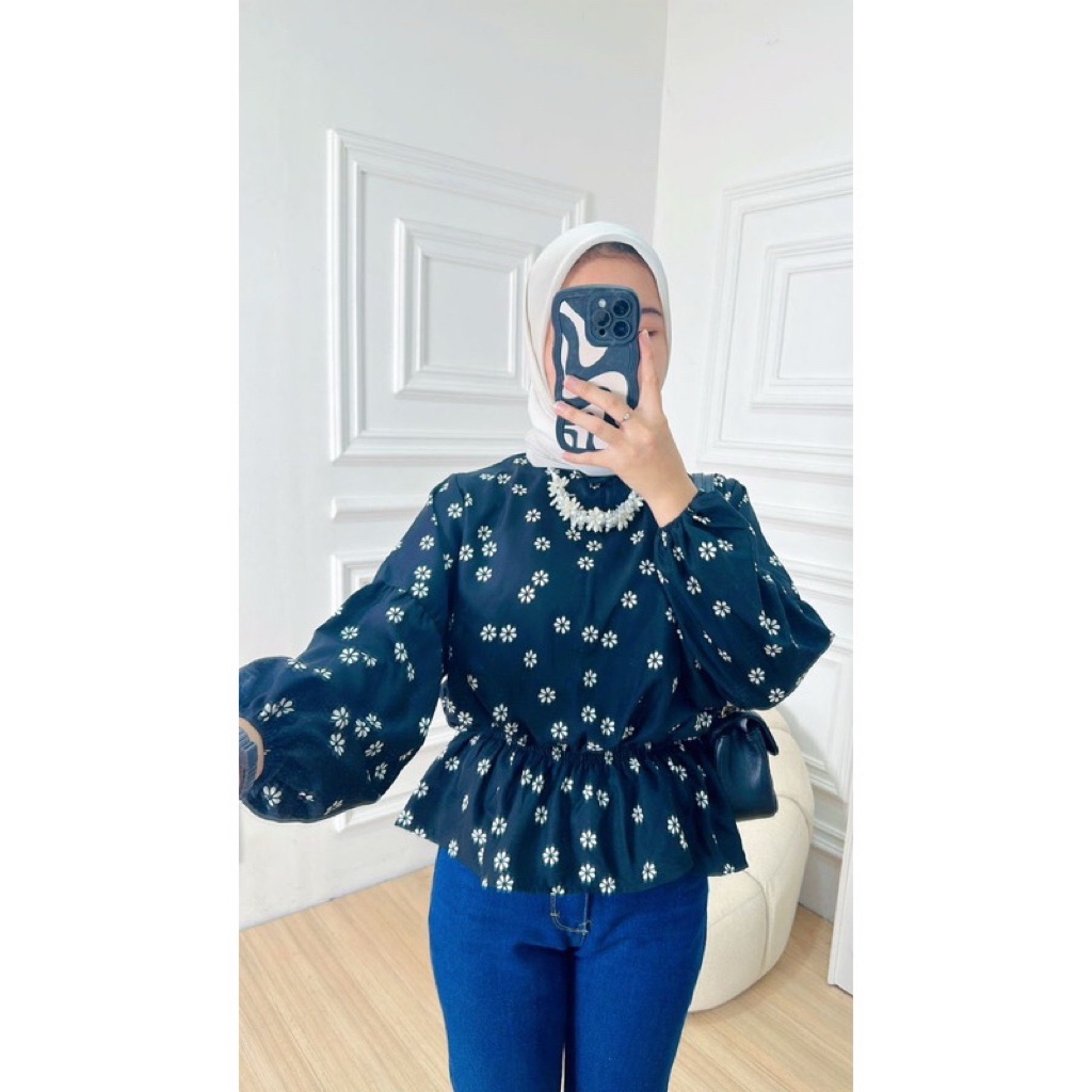 Atasan blouse shakila bytha floral smock lengan karet LD 120 panjang 60 new tebal lembut adem