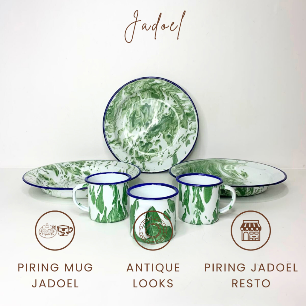 SET 6 PCS Piring Mug Enamel Motif Blirik Hijau / Enamel Jadul Vintage