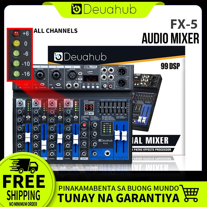 Deuahub Audio Mixer Mixer Profesional 5-Channel/7-Channel FX-5/FX-7 Mixer Penguat Sinyal USB Penguat