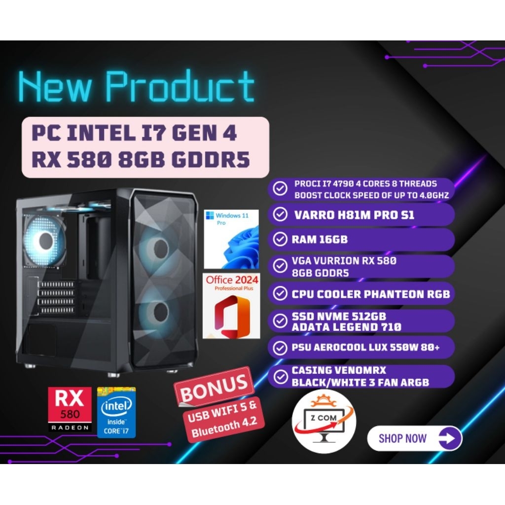 KOMPUTER PC i7 dengan Kartu Grafis RX 580 8GB Cocok untuk Gaming, editing, multitasking.