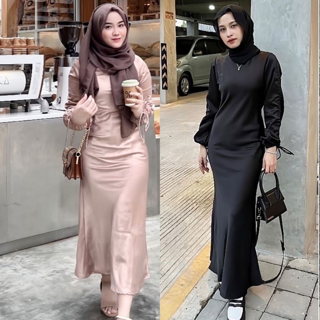 Darla Dress Gamis Gaun Satin Silk Premium Wanita Remaja Muslim Maxi Jumbo Polos Simpel Elegan Duyung