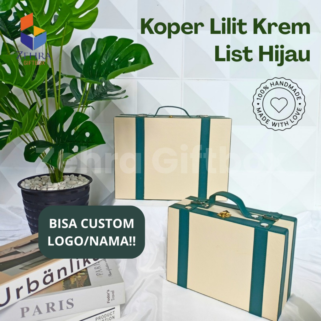 

Box Hadiah/Hampers Kulit Sintetis Uk. 33 X 24 X 13 | Box Model Koper Lilit Krem List Hijau Botol