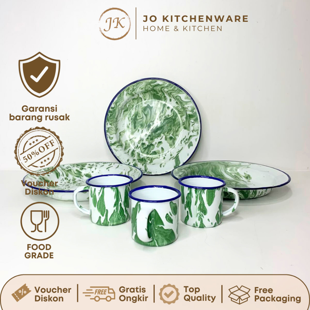 SET 6 PCS Piring Mug Enamel Motif Blirik Hijau / Enamel Jadul Vintage
