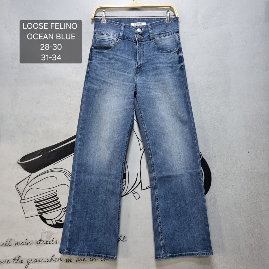 BEST SELLER  CELANA JEANS WANITA LOOSE STANDART FELINO OCEAN BLUE BAHAN MELAR (STRECH) PANJANG NYAMA