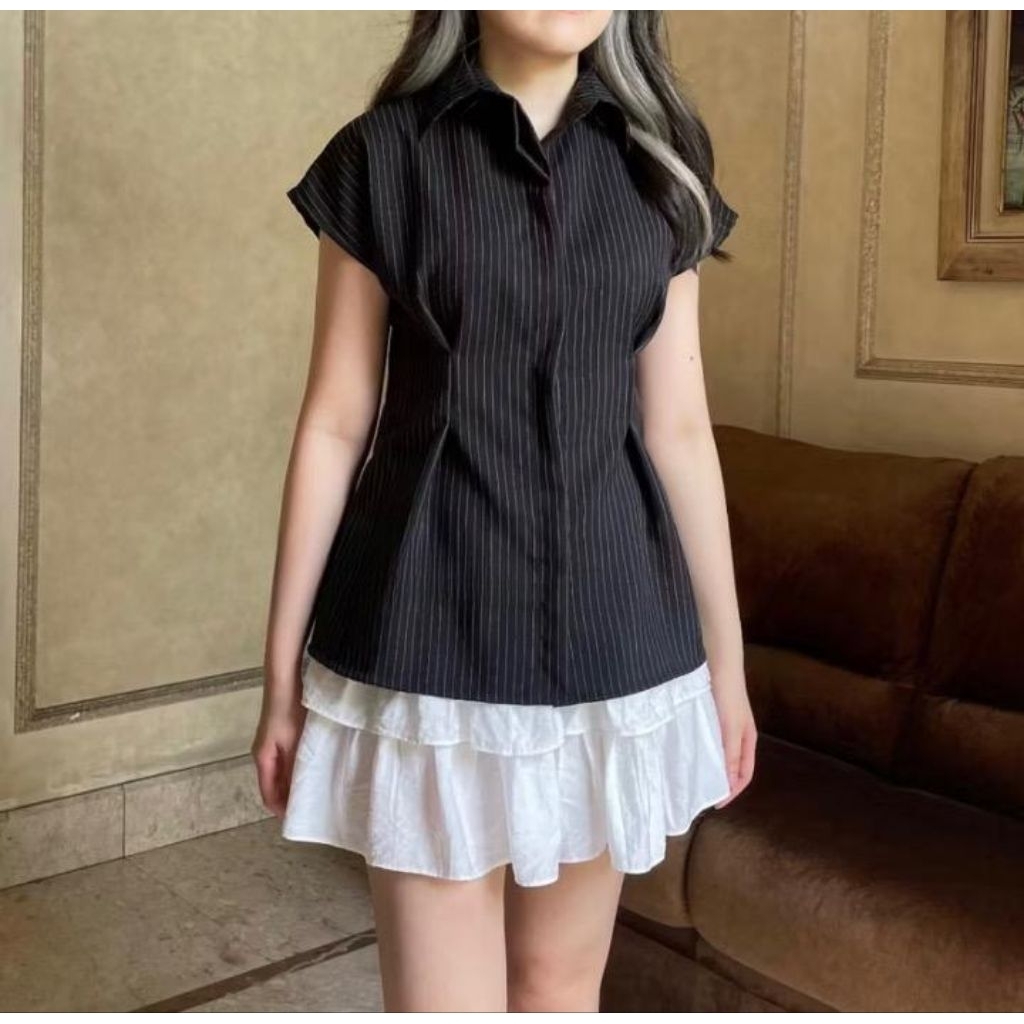 ARBA TOP / Kemeja Fitted Kemeja Kerja Wanita Blus Garis-Garis Lengan Panjang - Kemeja Formal Wanita