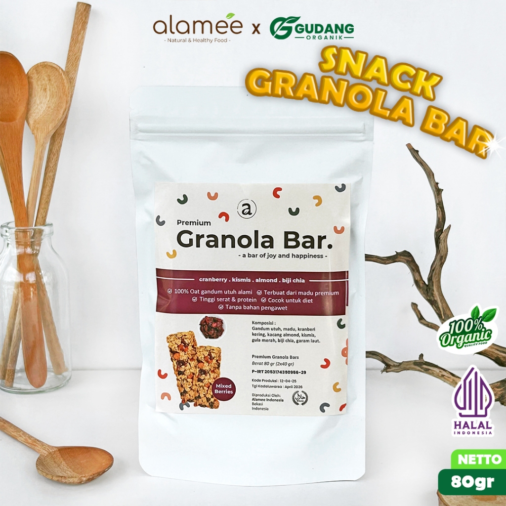 

ALAMEE granola bar mix berries nikmat penuh kesenangan yang menggabungkan berries segar cemilan
