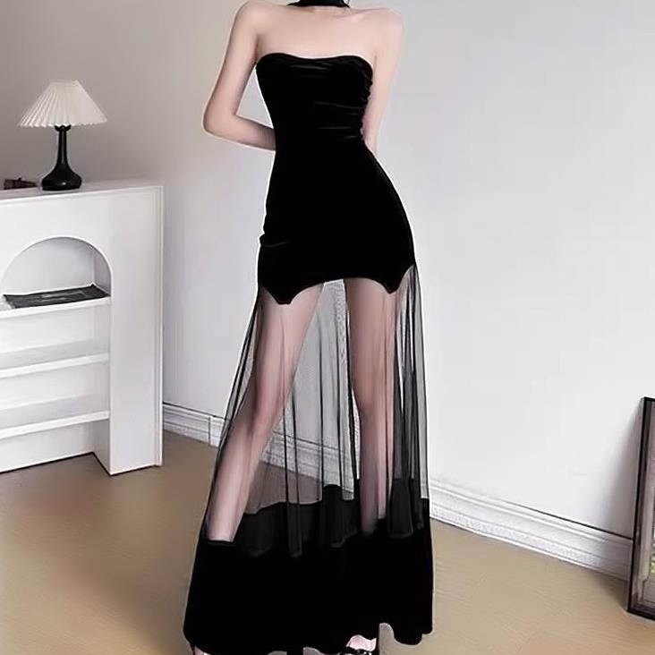 Desain Kasa Kasa Seksi Gaun Hitam Gaun Hitam Ramping Pakaian Wanita Telanjang