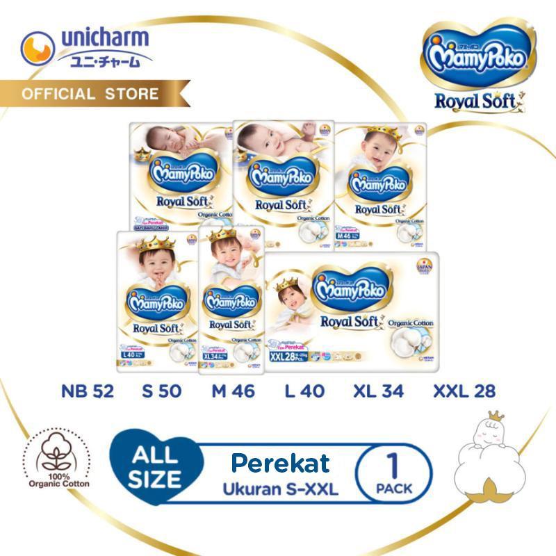 MamyPoko Royal Soft Organic Cotton - All Size (NB-XXL) - Popok Perekat - 1 Pack - Super Jumbo