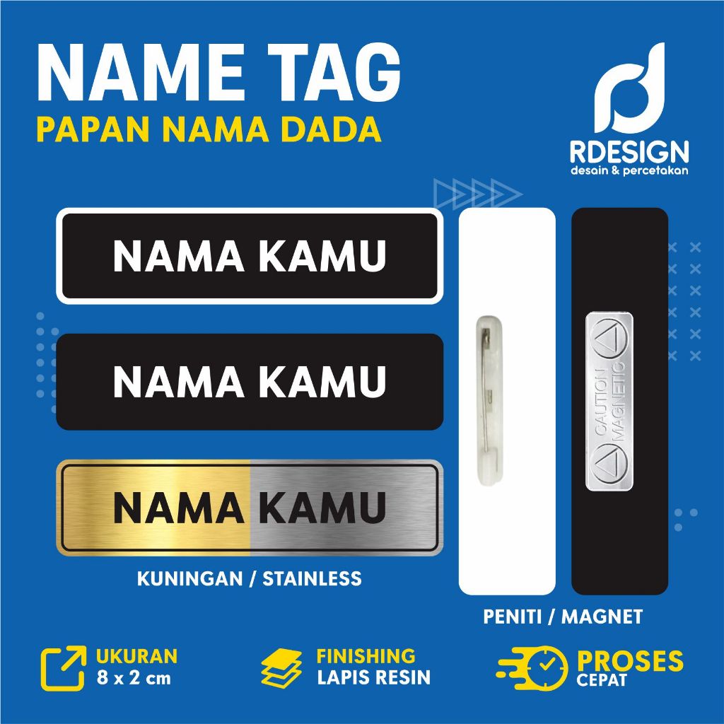 

CETAK SATUAN NAME TAG, PAPAN NAMA DADA AKRILIK, KUNINGAN, STAINLESS FINISHING RESIN