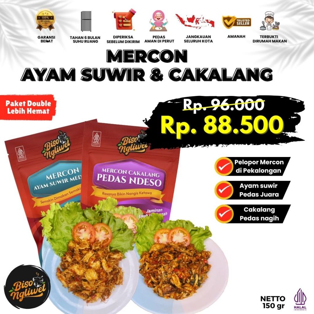 

Paket Double Lebih Hemat Mercon Ayam Suwir dan Cakalang Biso Ngliwet Sambal Lauk Cepat Siap Saji Daging Segar Makanan Instan Ikan Food Seafood