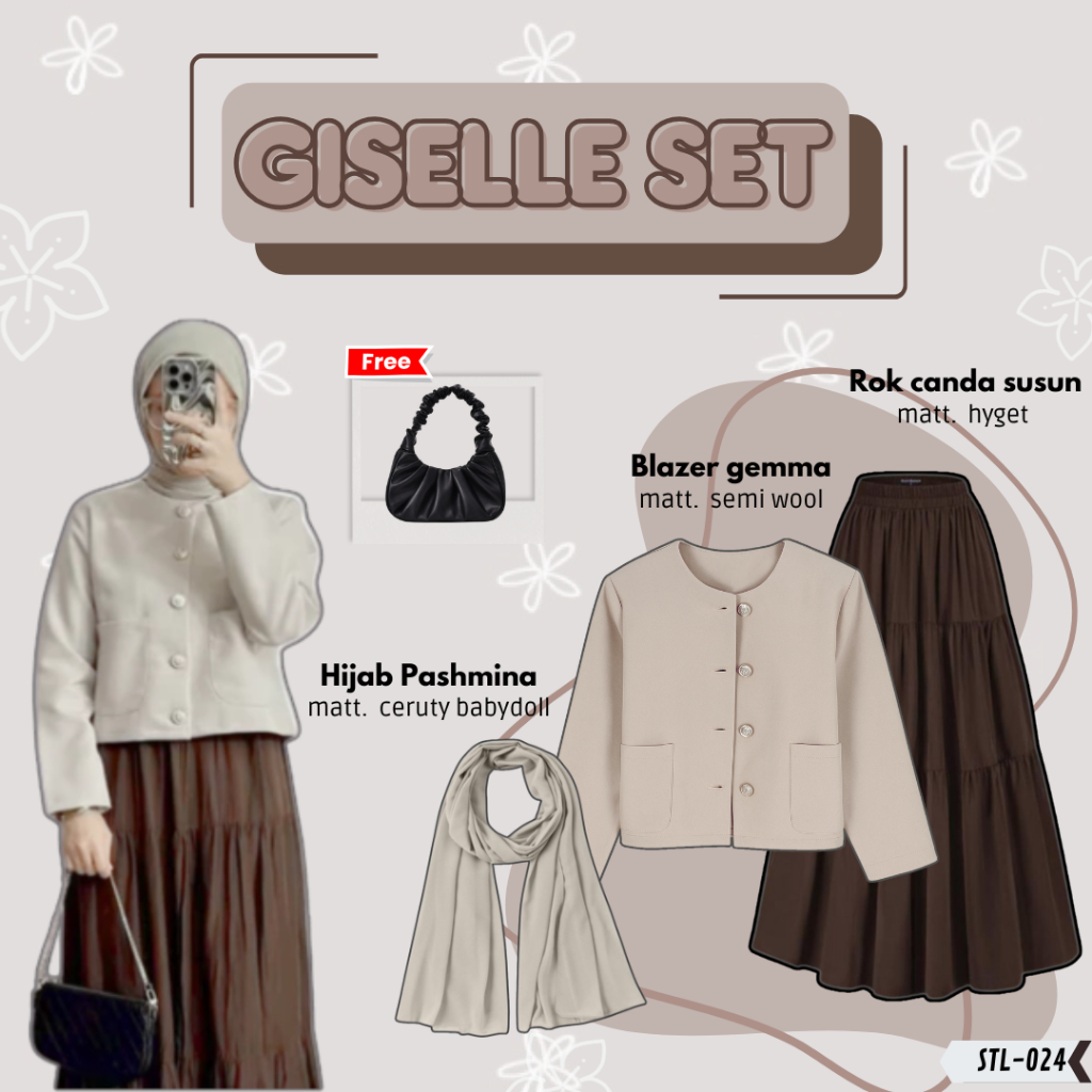 Setelan  Blazer Oneset Rok Hijab 3in1 Giselle STL-24 [ Rok canda susun + Blazer gemma + Hijab pashmi