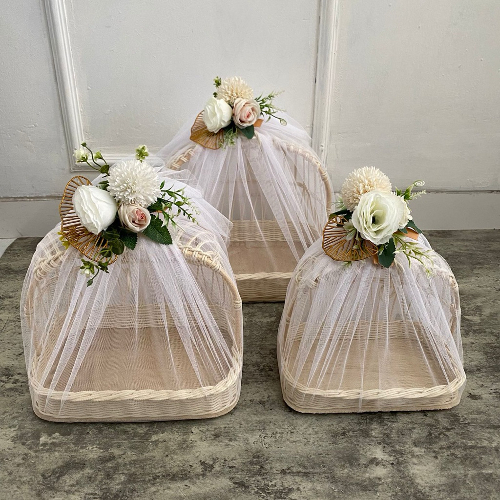 Seserahan Rotan 1set 3 size | TILE +  HIASAN BUNGA | HAMPERS PARCEL HANTARAN PERNIKAHAN TUNANGAN