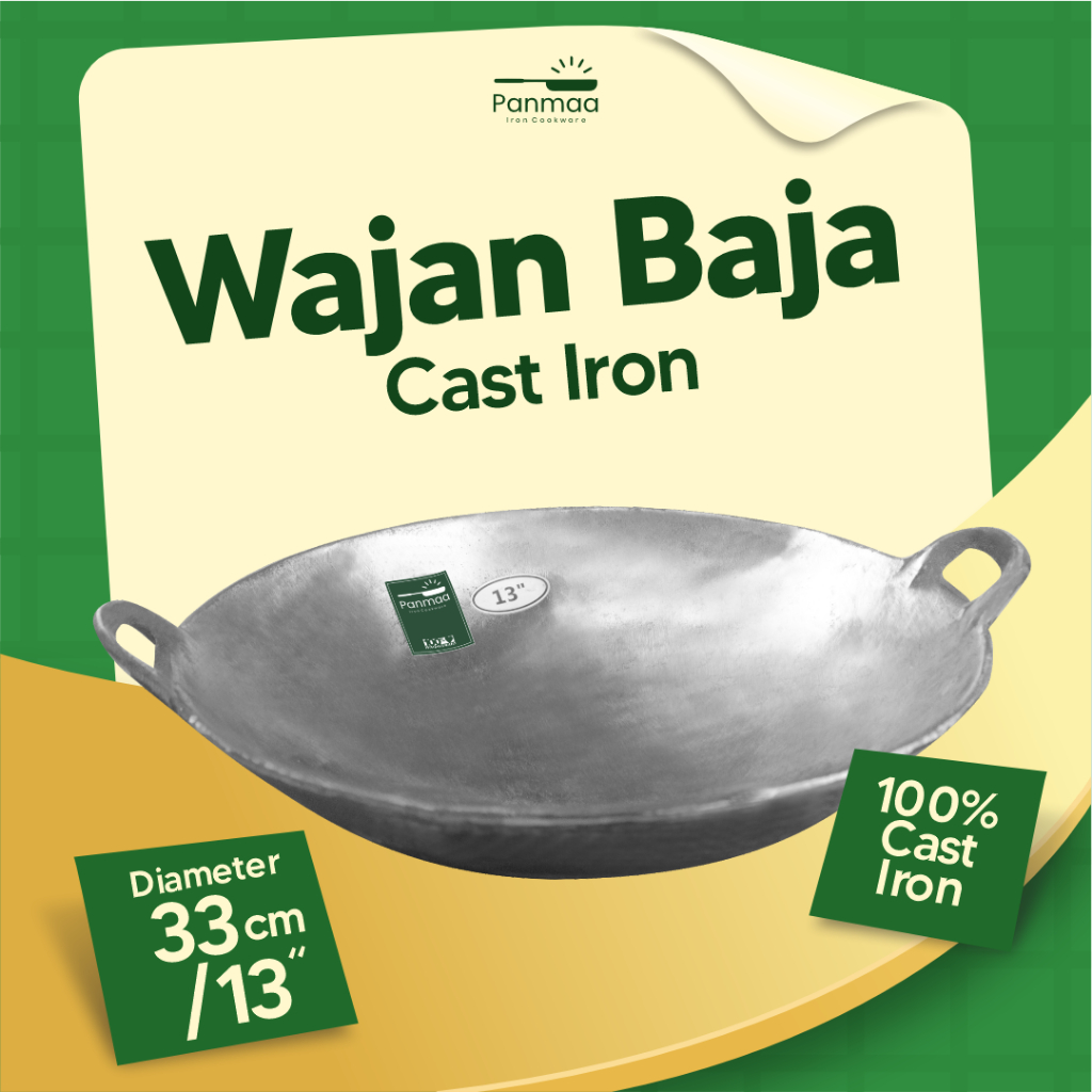 Wajan baja cor 13” (33cm) tebal anti lengket / kuali besi cor/ Wok cast iron / wajan penggorengan