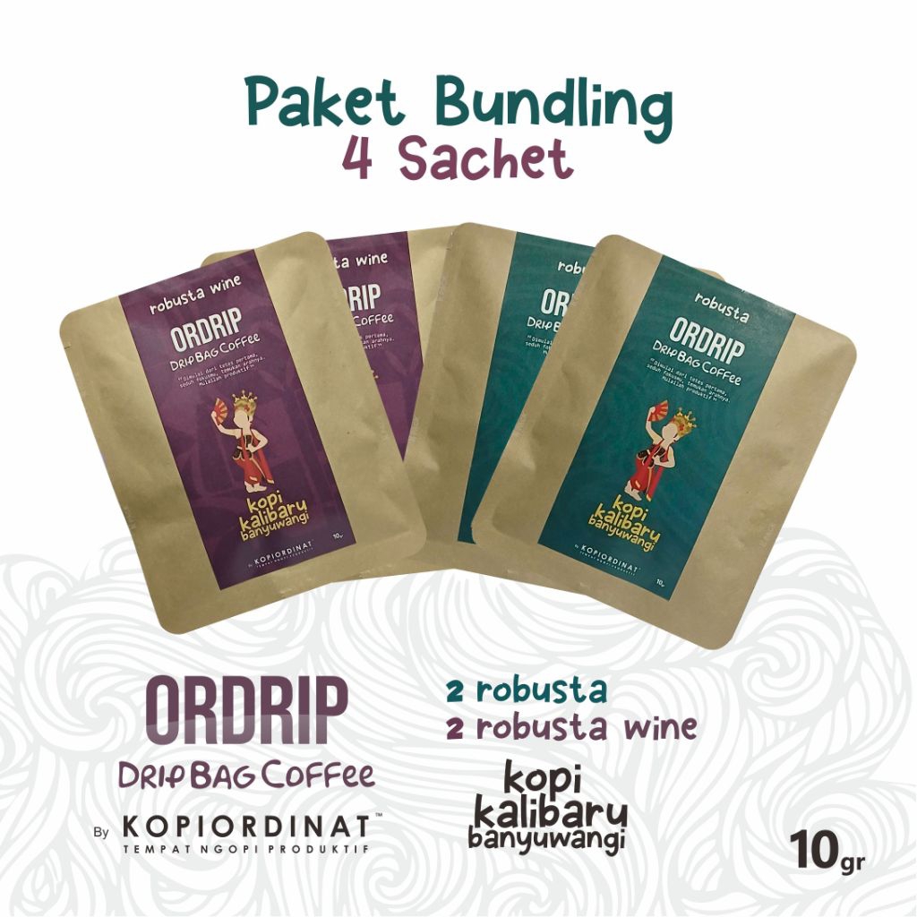 

Kopi Drip Bag - Bundling 2 Ordrip Robusta Wine + 2 Ordrip Robusta Kalibaru Banyuwangi