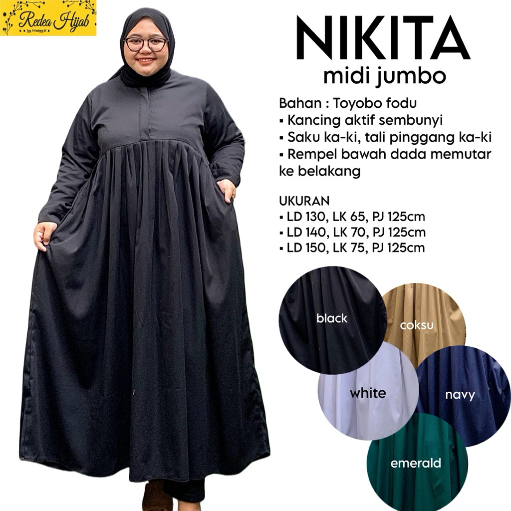 Dress Wanita Muslimah Nikita Jumbo Midi Bahan Toyobo Fodu Motif Polos Busui Friendly LD130 140 150