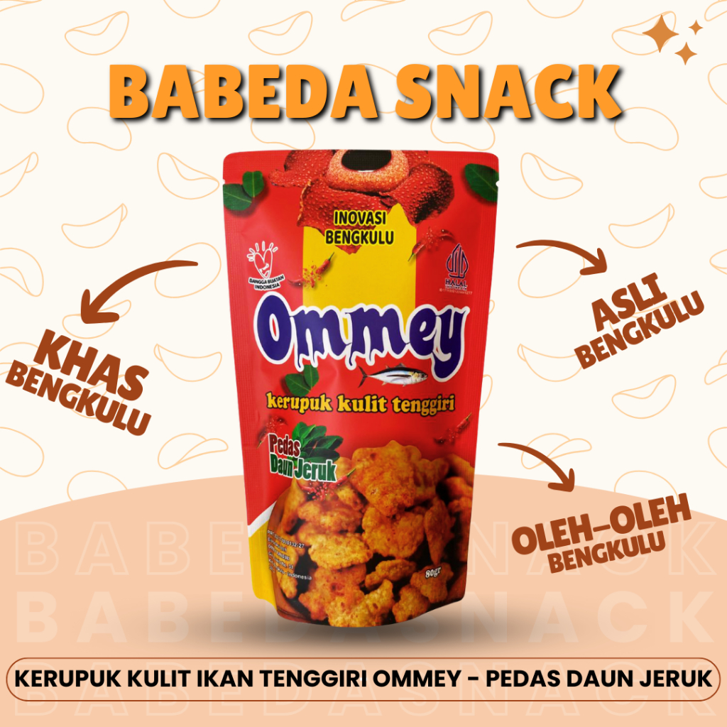 

KERUPUK KULIT IKAN TENGGIRI OMMEY - PEDAS DAUN JERUK - 80gr - OLEH OLEH KHAS BENGKULU - BABEDA SNACK