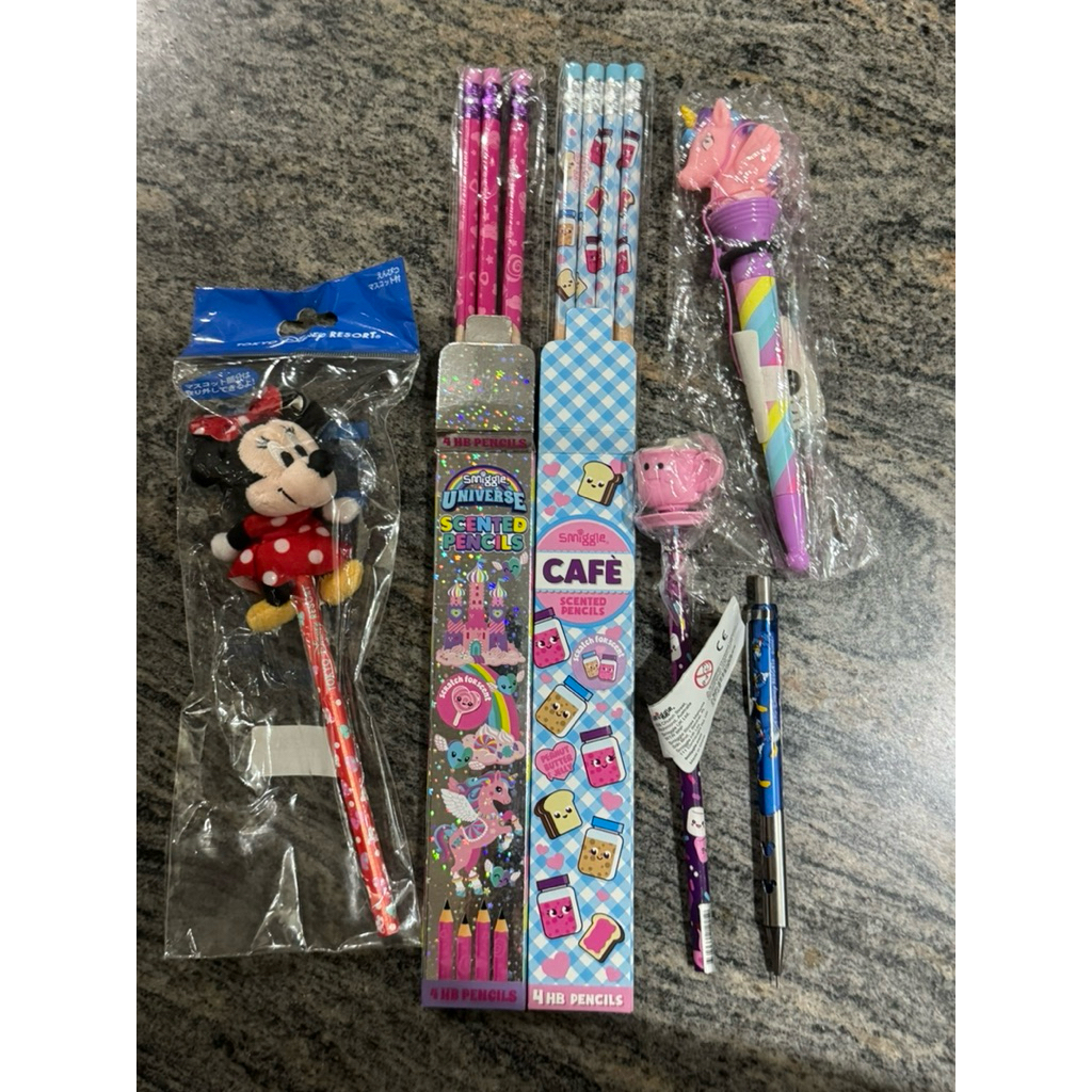 

TOKYO DISNEY RESORT MECHANICAL PENCIL, WOODEN PENCIL WITH MINNIE MOUSE | SMIGGLE SCENTED WOODEN PENCIL & SMIGGLE UNICORN PEN