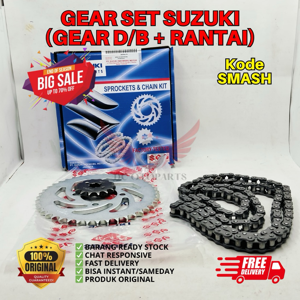 SMASH GEAR SET D/B DEPAN BELAKANG + RANTAI SUZUKI SMASH ORIGINAL SUZUKI, PAKET GEAR SET SMASH, GEAR 