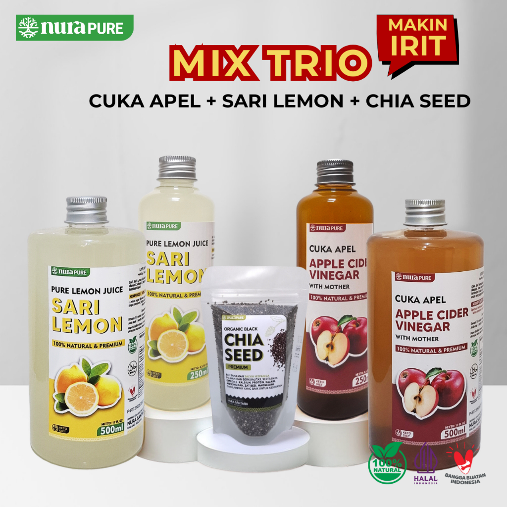 

NuraPure Cuka Apel Sari Lemon Chia Seed - Paket Mix Trio Irit | Diet Detox Kesehatan