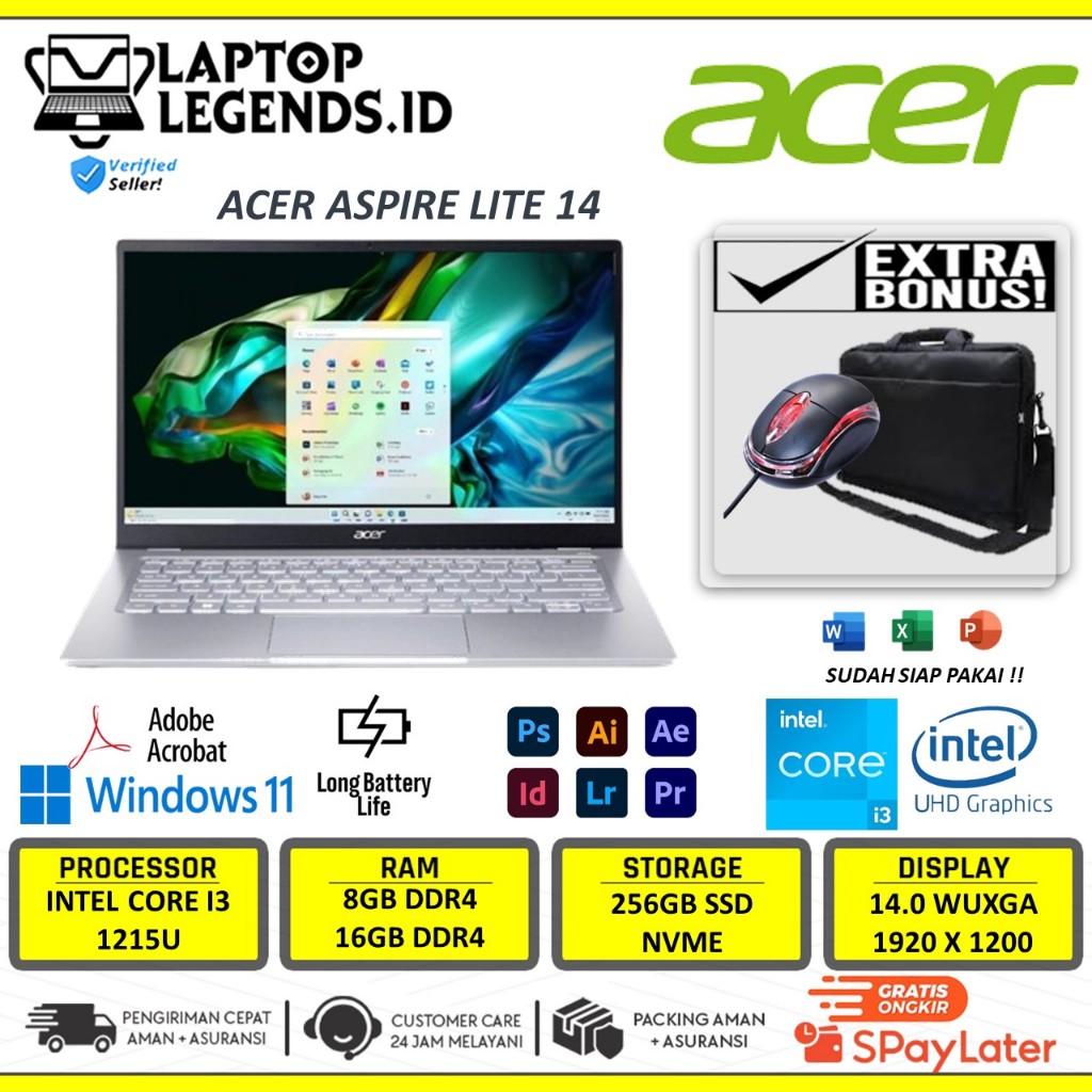 Laptop Baru Acer Aspire Lite 14 AL1 14M Intel Core i3 1215U Ram 16GB DDR4 256GB SSD 14'' WUXGA IPS W