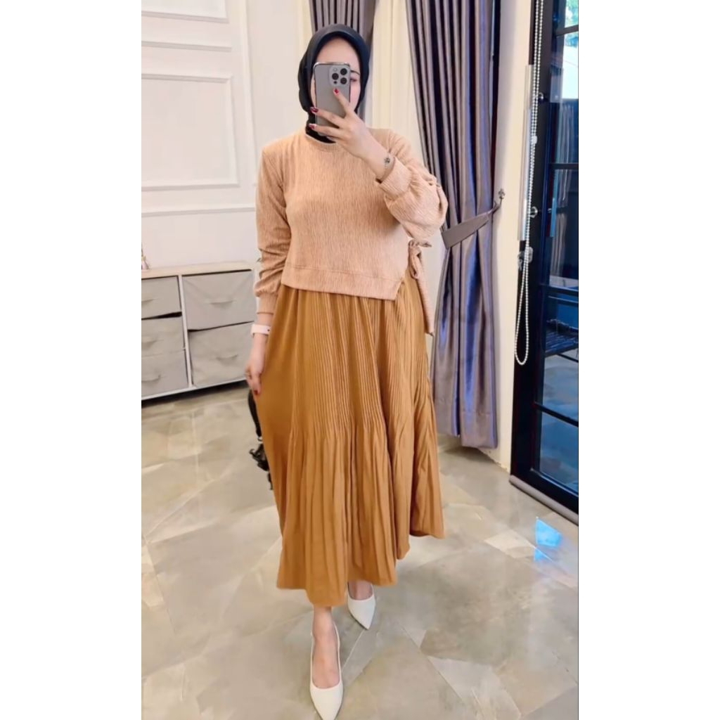 gamis plisket kaos knit rajut import kombi cantik
