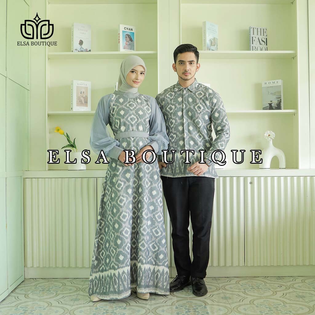 Set couple syahira grey kemeja pria dan dress wanita, gamis kondangan ethnic, couple baju kondangan,