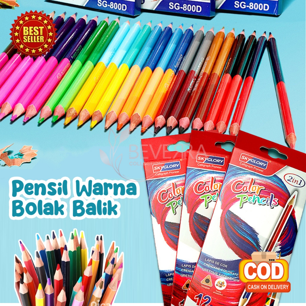 

Pensil Warna Kayu 2 Sisi Bolak Balik 2 in 1 Lebih Panjang 12 Warna Perlengkapan Alat Tulis ATKBQ