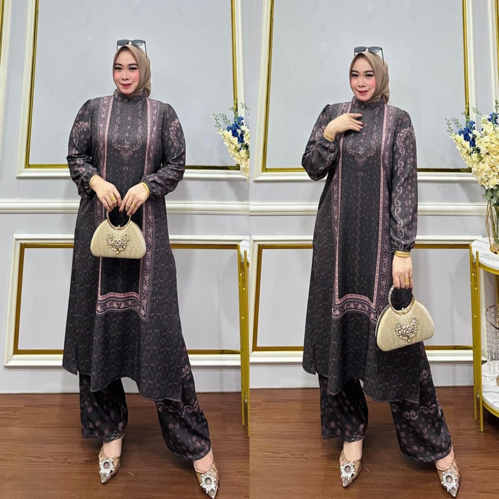 Stelan Celana Long Tunik Printing Mewah
