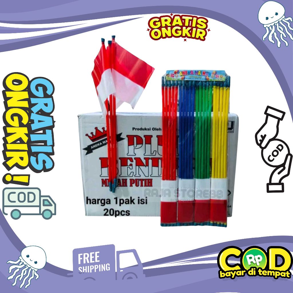Bendera Tongkat Tangkai/Merah Putih Plastik - Bendera Plastik Merah Putih Tangkai / Bendera Merah Pu