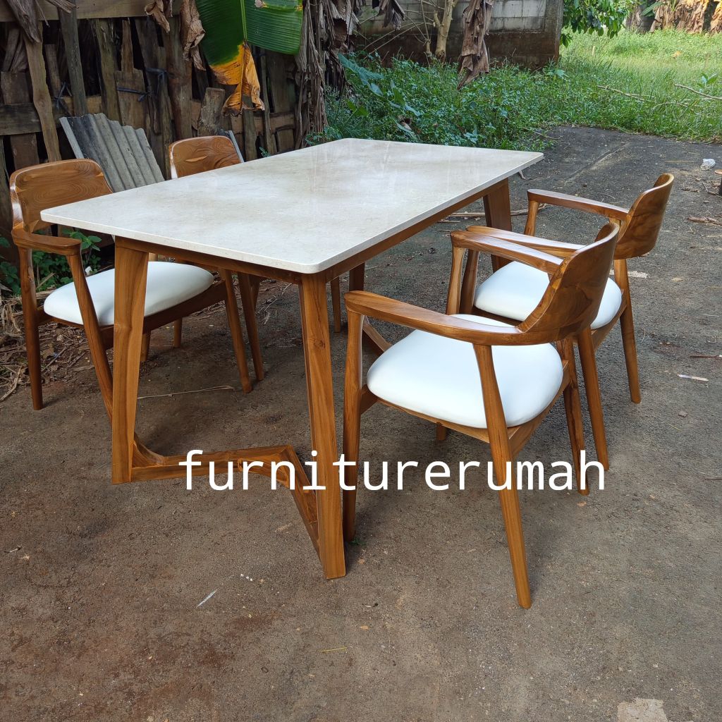 meja makan marmer 4 kursi jati minimalis, set meja makan jati marmer 4 kursi minimalis