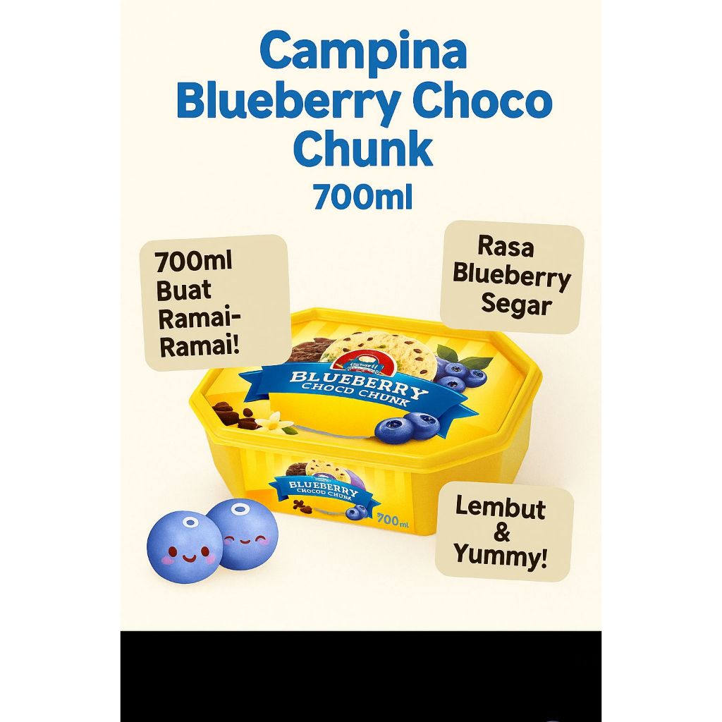 

Es Krim Campina Blueberry Choco Chunk 700ml Es cream bluberi dan potongan irisan coklat
