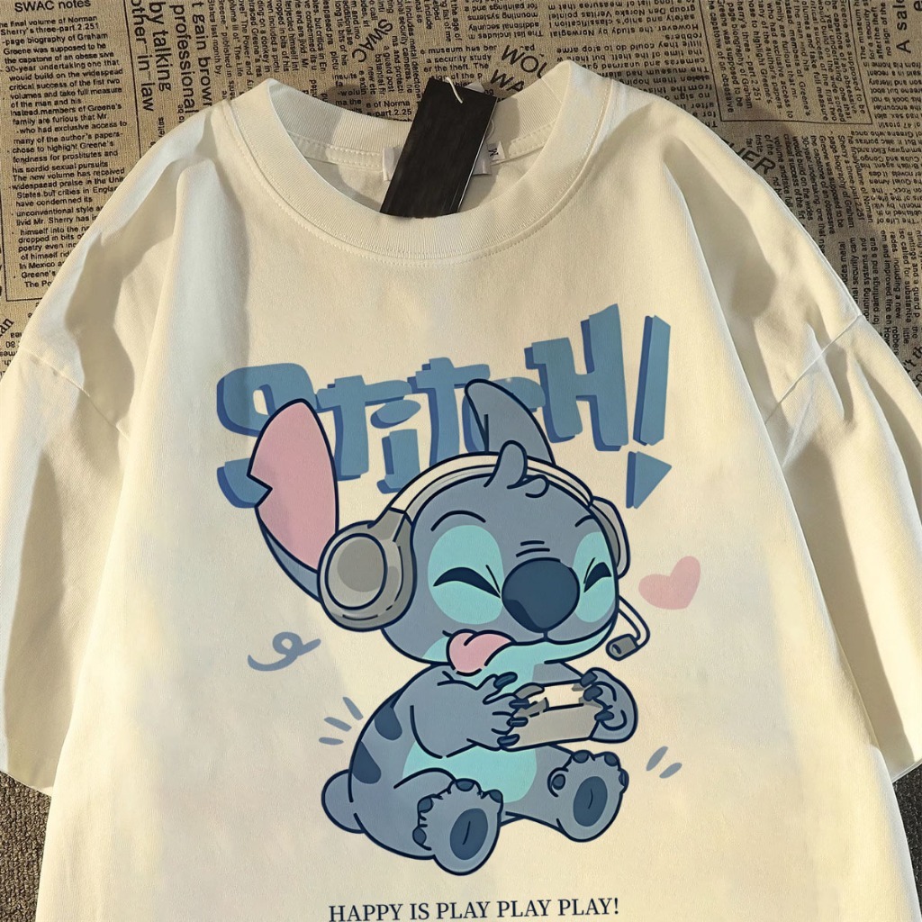 Tshirt Oversize Baju Kaos Pria Tebal Stitch Kartun pencetakan Korea Santai Kaos Pria Keren Kece