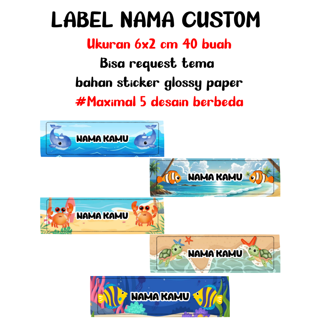 

40 PCS LABEL NAMA GLOSSY ANTI AIR BEBAS CUSTOM / POLOS