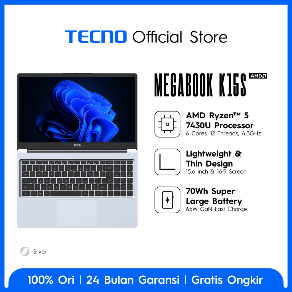TECNO MEGABOOK K15S – 8+512GB, AMD Ryzen 5  – 7430U Processor, 70Wh Battery up to 17.5hours, 65Watt 
