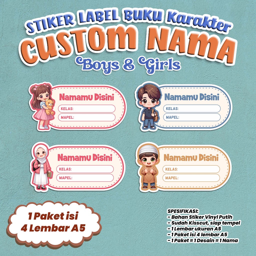 

STIKER LABEL CUSTOM - STIKER CUSTOM NAMA - DESAIN KARAKTER BOYS & GIRLS - BISA CUSTOM NAMA - Stiker 1 Paket isi 4 Lembar - Stiker Mata Pelajaran Buku Tulis Anak Custom Nama - Kode SBUK