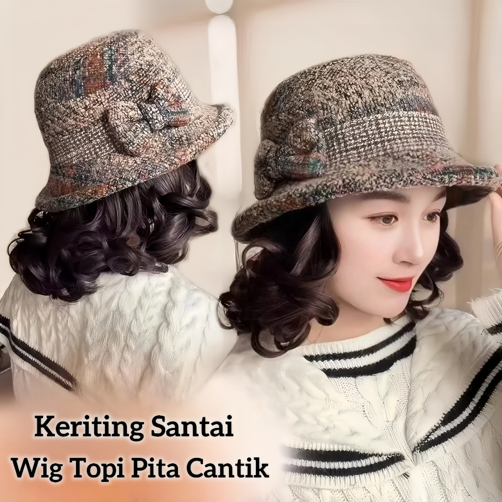 Topi Wig Satu Pendek Rambut Keriting, Topi Wig Wanita Mode Kotak-kotak Nelayan Topi Wol Bowler  topi
