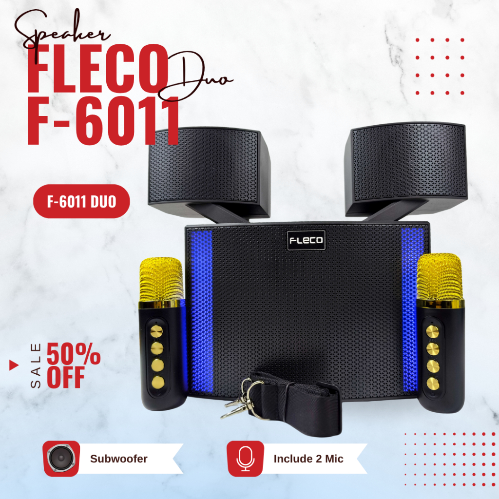 Speaker Portable Wireless Bluetooth Fleco F-6011 Duo Fre Mic Wireless 2 effect sound mic super BASS