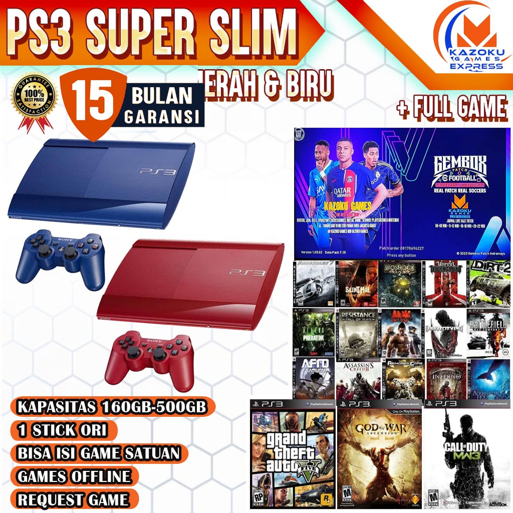 PS3 SUPER SLIM MERAH BIRU HEN FREE GAME 160GB-500GB GARANSI 15BULAN