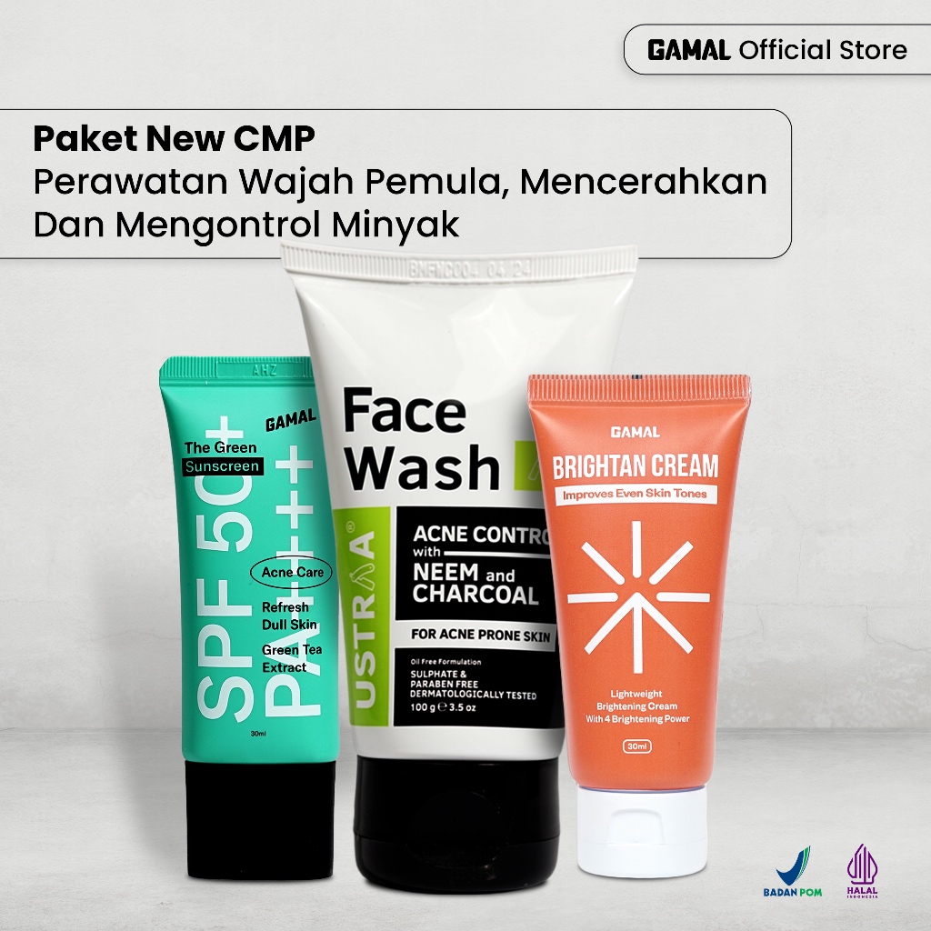 GAMAL | Paket New CMP | Ustraa Face Wash Neem & Charcoal 100gr, Gamal Brightan Cream 30ml & The Gree