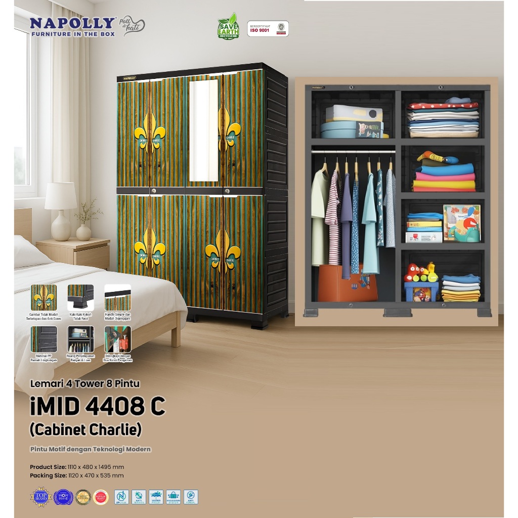 NAPOLLY Lemari Plastik JUMBO GANTUNG Kaca cermin Kunci Hijau 3509 4408 DONUT